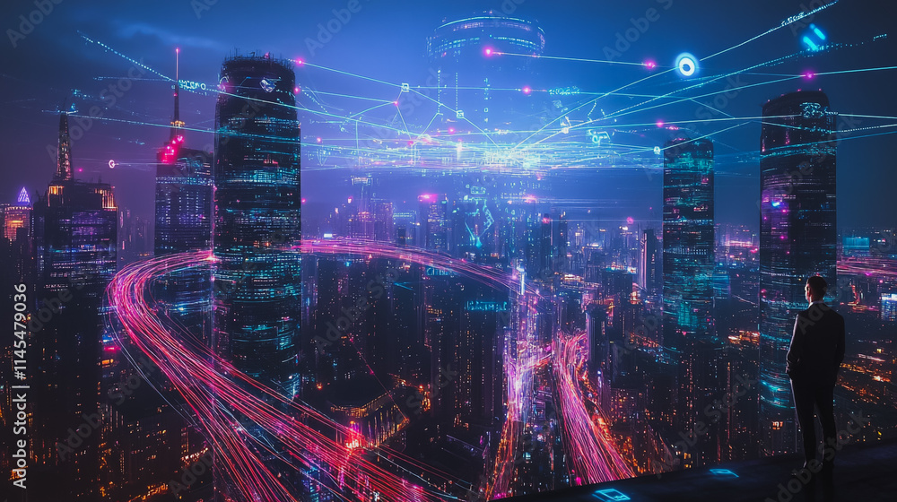 Fototapeta premium Smart digital Innovation city with connection network reciprocity over the cityscape. of future smart wireless city and social media networking systems that connects business people with in city