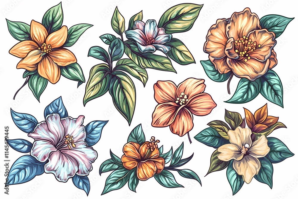 Fototapeta premium Colorful Floral Illustrations with Diverse Plants and Flowers