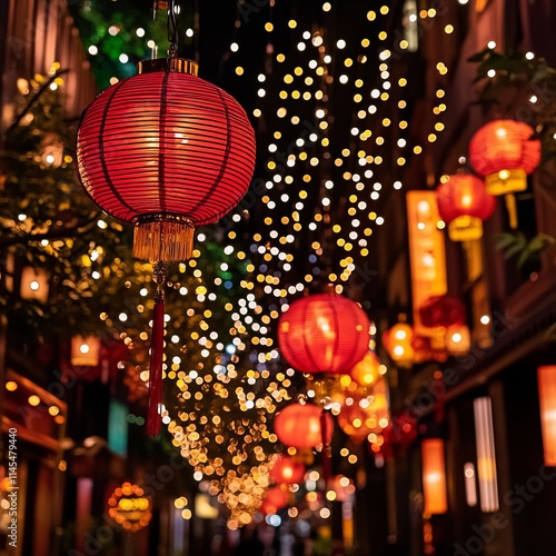 Festive Lantern Lights Illuminate Night Street Scene