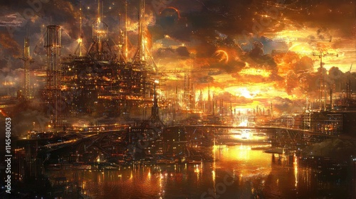 Wallpaper Mural A futuristic cityscape illuminated by a vibrant sunset, blending nature and technology. Torontodigital.ca