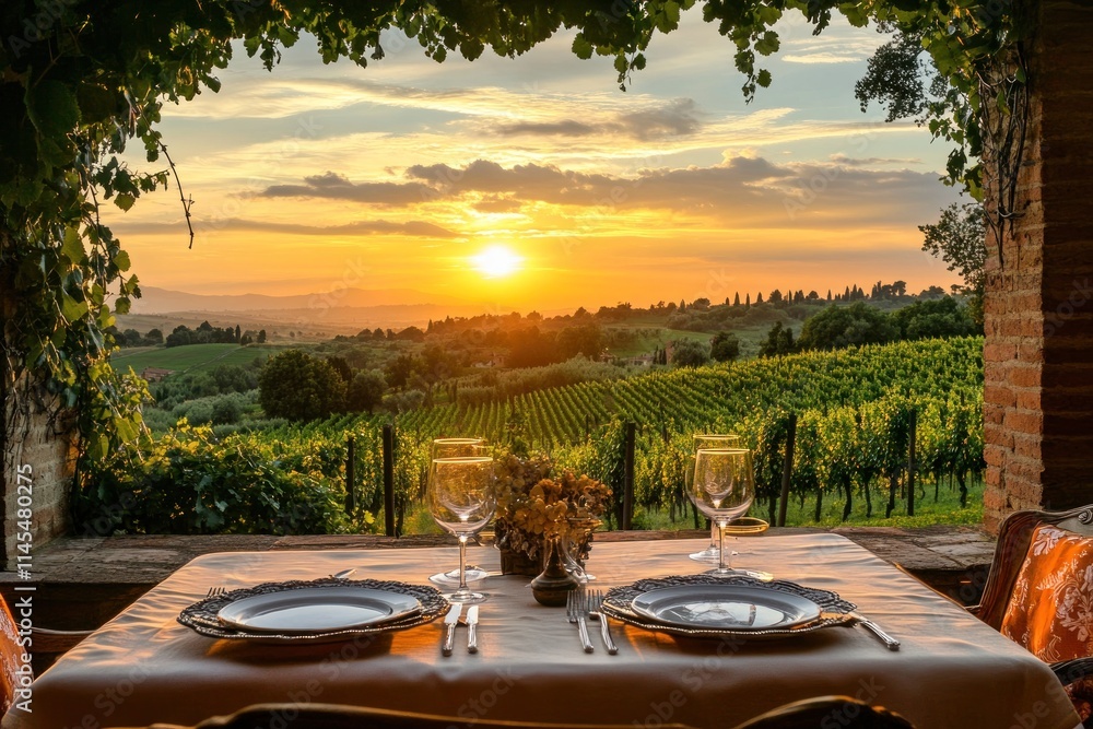 Fototapeta premium A romantic dining setup with a sunset view over vineyards.