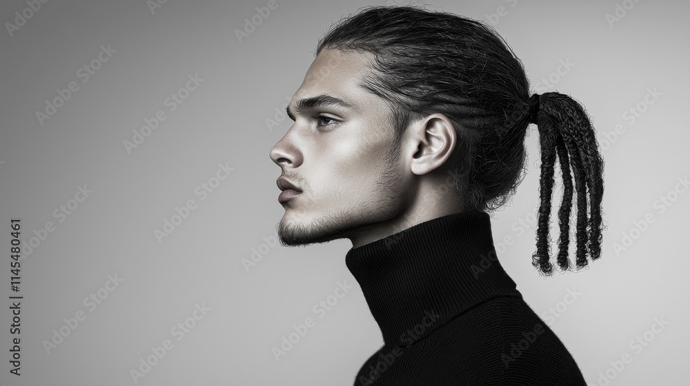 Male model with sleek ponytail and shaved sides posing in studio environment portrait photography for fashion and hair trends Male model with sleek ponytail and shaved sides posing in studio environment portrait photography for fashion and hair trends