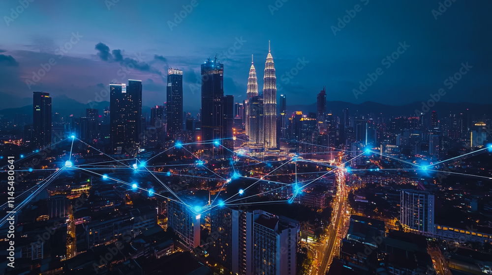 Fototapeta premium Smart digital Innovation city with connection network reciprocity over the cityscape. of future smart wireless city and social media networking systems that connects business people with in city