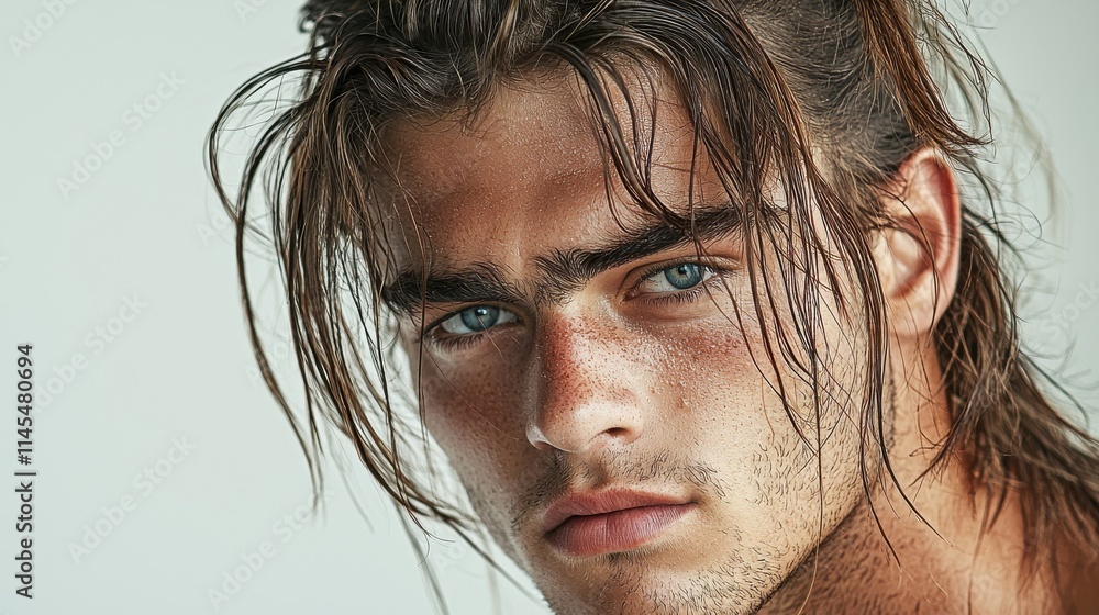 Modern male model with long hair tied in a stylish man bun posing in a studio setting capturing contemporary fashion trends Modern male model with long hair tied in a stylish man bun posing in a studio setting capturing contemporary fashion trends