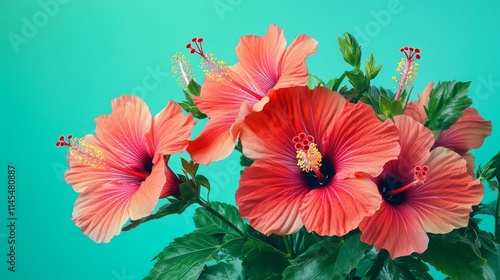 Wallpaper Mural A bouquet of tropical hibiscus flowers against a vibrant turquoise backdrop, close-up shot, Exotic style Torontodigital.ca