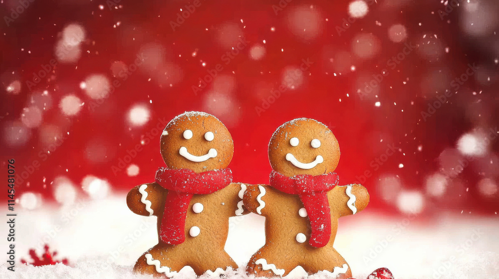 Two humanoid chocolate cookies standing in the snow, with a red Christmas background Two humanoid chocolate cookies standing in the snow, with a red Christmas background
