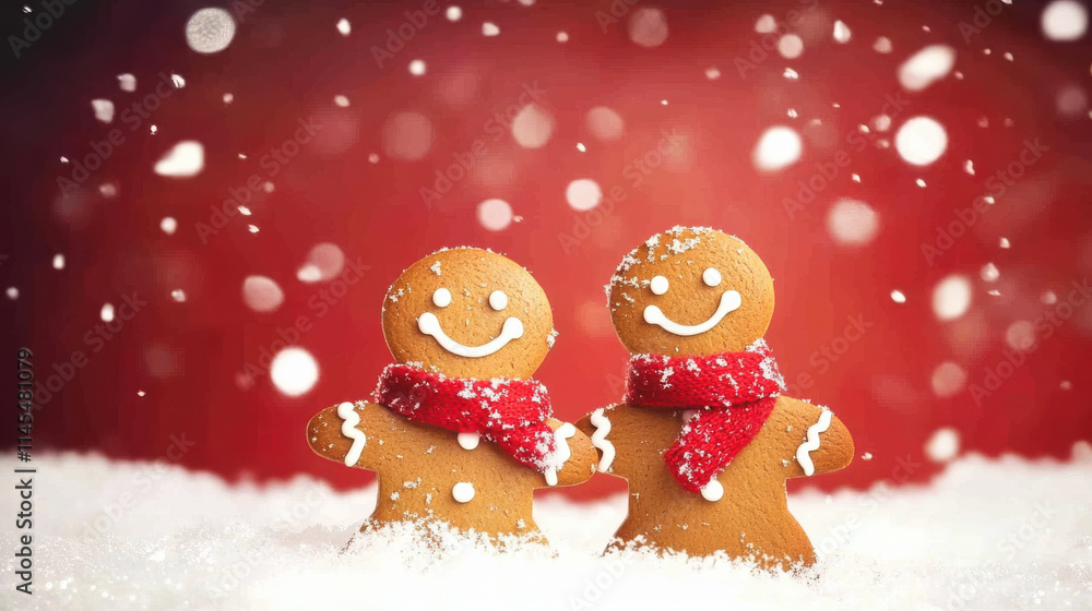 Two humanoid chocolate cookies standing in the snow, with a red Christmas background Two humanoid chocolate cookies standing in the snow, with a red Christmas background