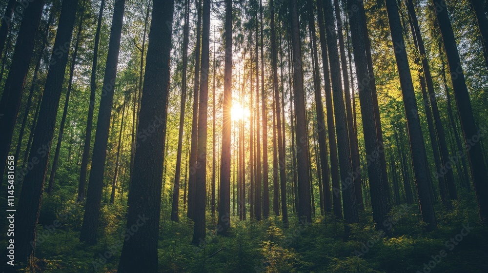 Obraz premium Sun shining through the trees in a forest