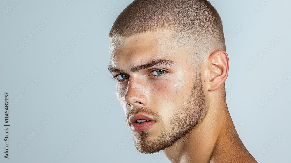 Obraz premium Military-style buzz cut trends among young men contemporary urban settings haircut showcase clean lines and standards side profile view sharp aesthetics for modern grooming
