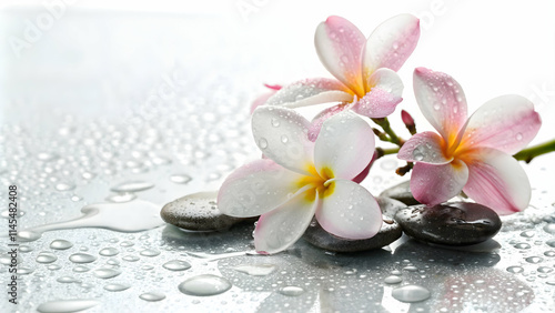 Glossy Background with Blooming Flowers and Water Droplets for Spa Branding
