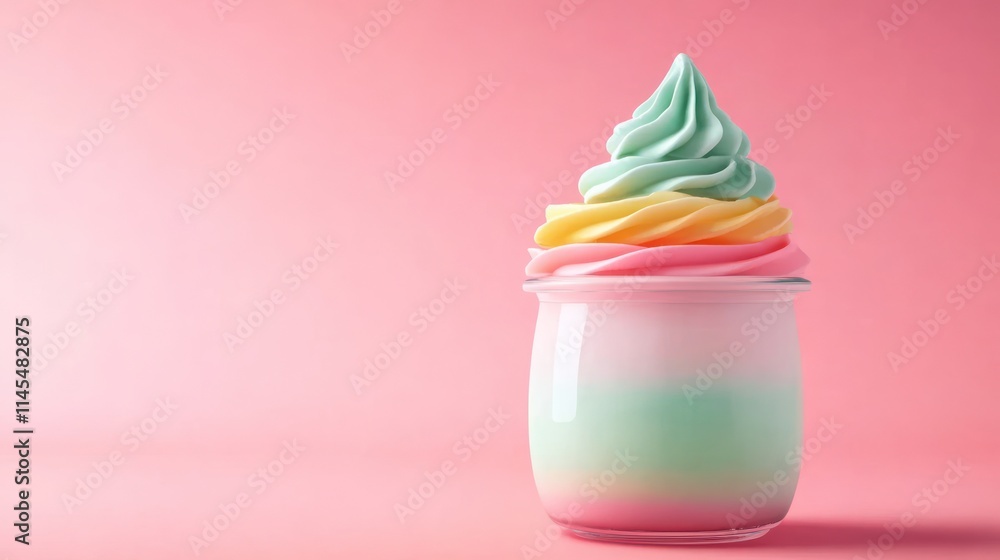 A colorful swirl of soft serve ice cream in a glass jar against a pink background. A colorful swirl of soft serve ice cream in a glass jar against a pink background.