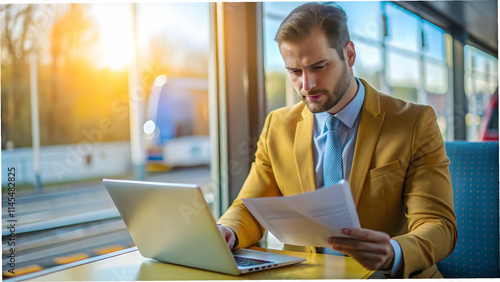 Transportation Manager Analyzing Costs with Financial Reports on Plain Background photo