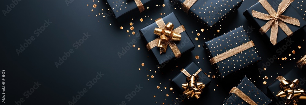 A collection of elegantly wrapped black gifts with gold accents on a dark background. A collection of elegantly wrapped black gifts with gold accents on a dark background.