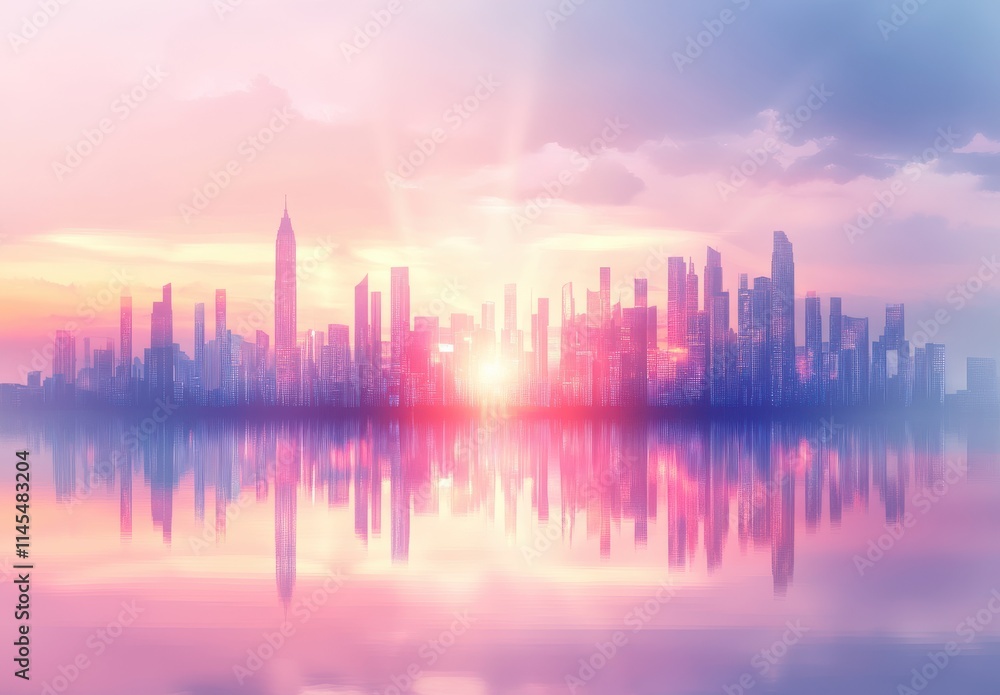 A Beautiful Sunset Over a Modern City Skyline Reflected in Tranquil Water, Evoking a Serene and Dreamy Atmosphere A Beautiful Sunset Over a Modern City Skyline Reflected in Tranquil Water, Evoking a Serene and Dreamy Atmosphere