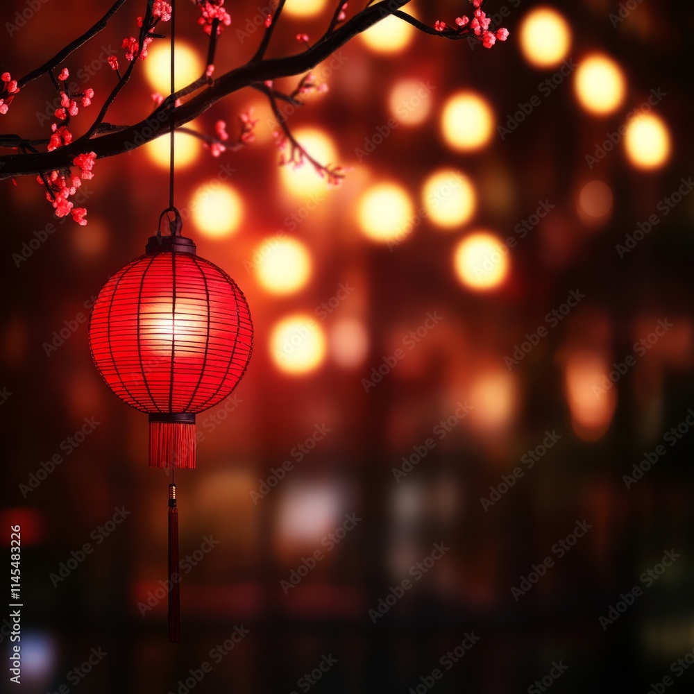 Glowing Lantern Hanging from Blossom Branch at Night Glowing Lantern Hanging from Blossom Branch at Night