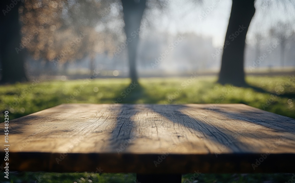 A Close-Up View of a Wooden Table in a Sunlit Park with Soft Morning Light Filtering Through Trees and Creating Beautiful Shadows on the Ground