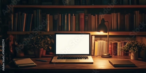 A cozy workspace with a laptop, books, and plants, illuminated by a desk lamp.
