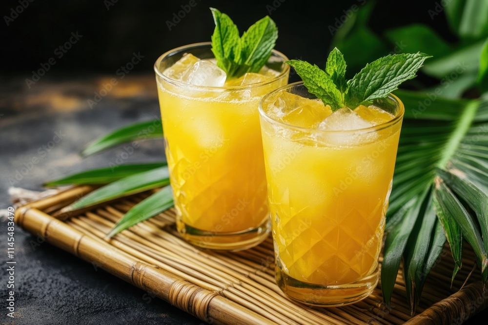 Fototapeta premium Two refreshing yellow cocktails with mint leaves on a bamboo tray.