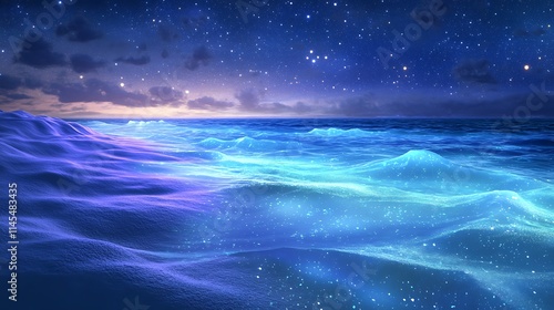 Magical night scene of ocean waves glowing under starry sky.