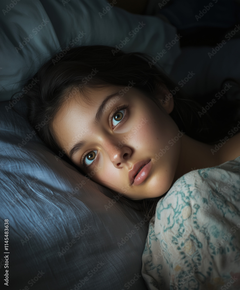 Young Woman Lying Awake in Bed, Staring at the Ceiling: Quiet Nighttime Reflection Young Woman Lying Awake in Bed, Staring at the Ceiling: Quiet Nighttime Reflection