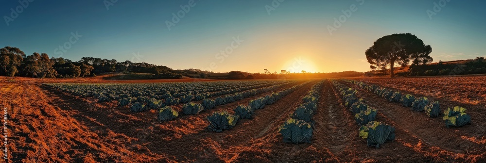 A scenic view of a cabbage field at sunset, showcasing agricultural beauty and tranquility. A scenic view of a cabbage field at sunset, showcasing agricultural beauty and tranquility.