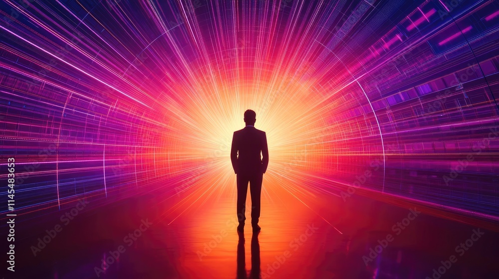 Businessman silhouettes idea. A silhouette standing in a vibrant tunnel of light representing possibilities. Businessman silhouettes idea. A silhouette standing in a vibrant tunnel of light representing possibilities.