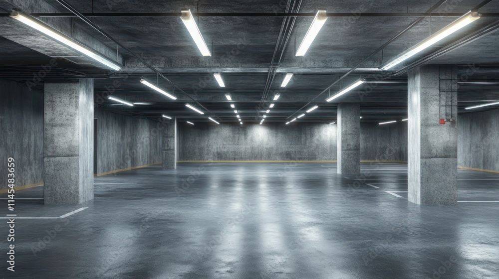 A spacious, well-lit underground parking garage with concrete walls and floors. A spacious, well-lit underground parking garage with concrete walls and floors.