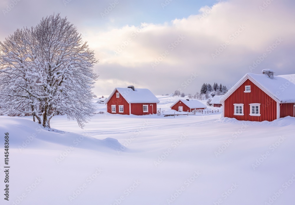A Serene Winter Landscape Featuring Cozy Red Cabins Nestled in Snow-Covered Fields under a Softly Lit Sky with Trees Lined in Sparkling Snow A Serene Winter Landscape Featuring Cozy Red Cabins Nestled in Snow-Covered Fields under a Softly Lit Sky with Trees Lined in Sparkling Snow