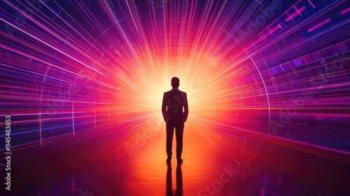 Businessman silhouettes idea. A silhouette standing in a vibrant tunnel of light representing possibilities.