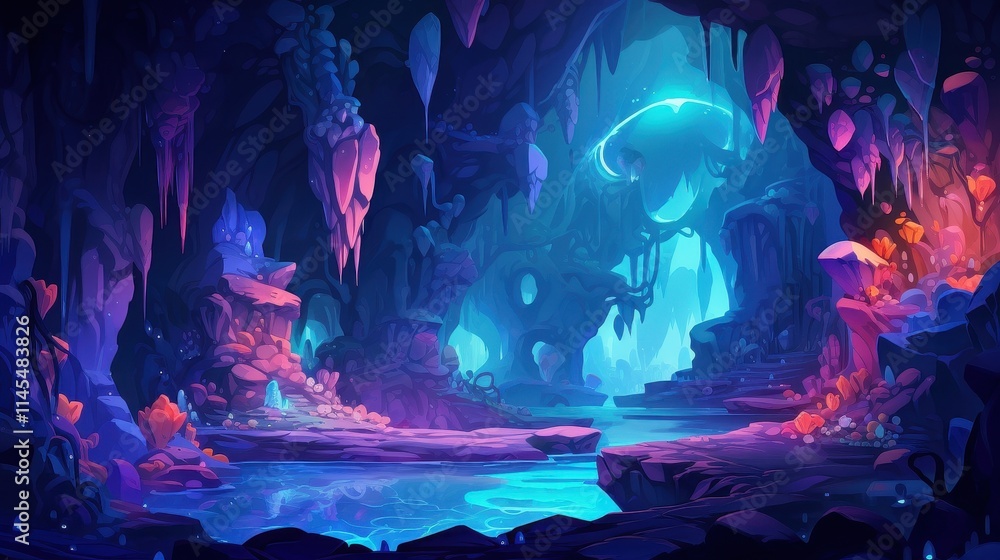 Enchanting Crystal Cave With Glowing Water And Flora Enchanting Crystal Cave With Glowing Water And Flora
