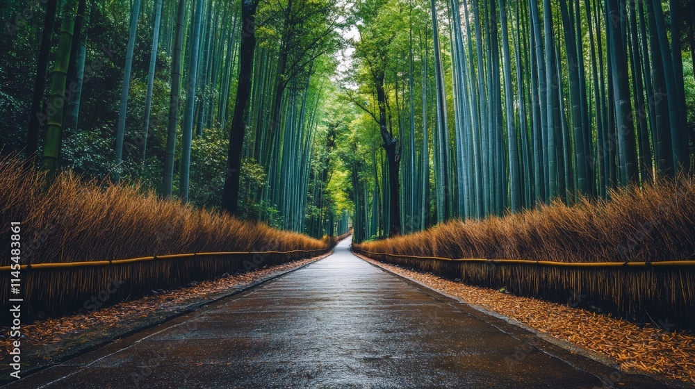 Obraz premium A winding path through a lush bamboo forest in Japan.