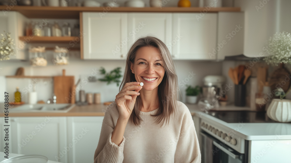 Beautiful Woman Taking Round Vitamin Pill for Health and Wellness, Smiling in a Light Kitchen with Plants Beautiful Woman Taking Round Vitamin Pill for Health and Wellness, Smiling in a Light Kitchen with Plants