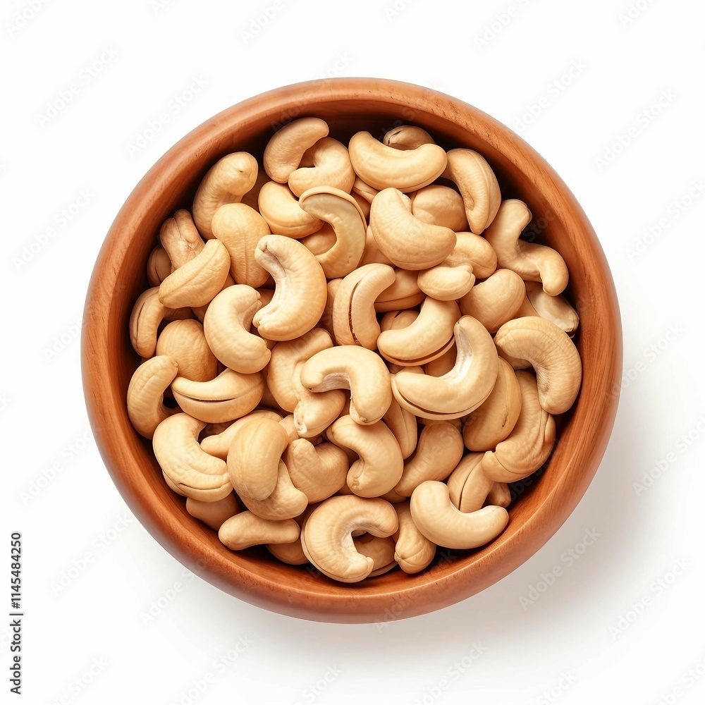 Bowl of Cashews, Isolated on white background, flat lay Bowl of Cashews, Isolated on white background, flat lay