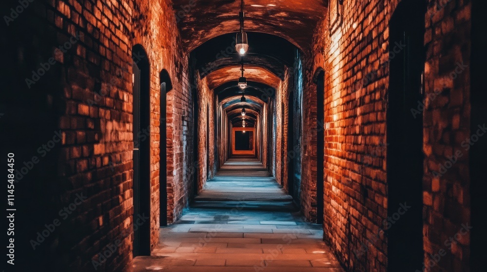 A dimly lit brick corridor with arches and soft lighting creates a mysterious atmosphere. A dimly lit brick corridor with arches and soft lighting creates a mysterious atmosphere.