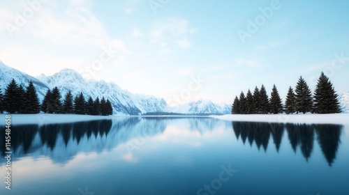 Serene winter landscape with mountains and a reflective lake.