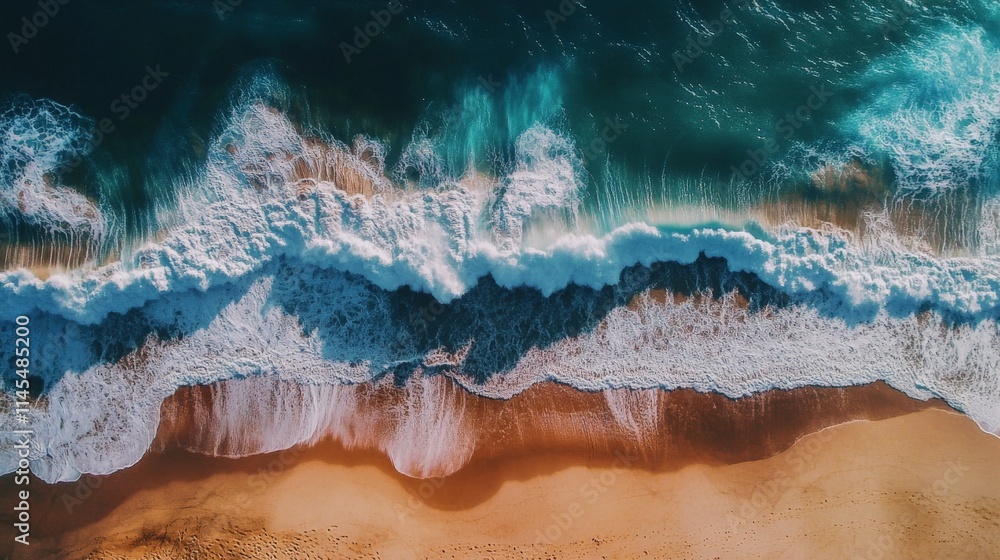 Aerial view of a wave crashing on a sandy beach Aerial view of a wave crashing on a sandy beach