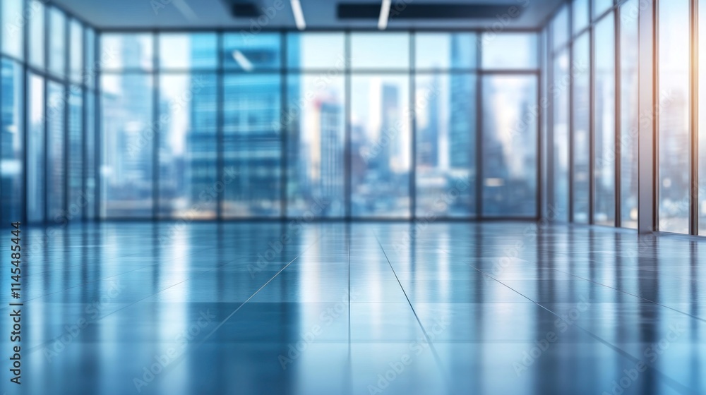 Modern office space with large windows showcasing a city skyline.