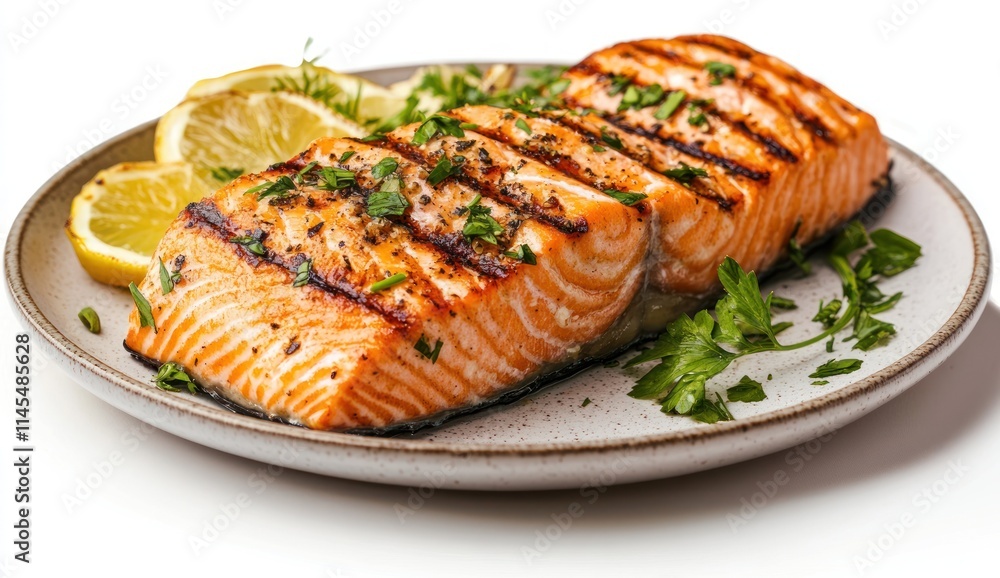 Grilled salmon fillets garnished with herbs and lemon slices on a plate. Grilled salmon fillets garnished with herbs and lemon slices on a plate.