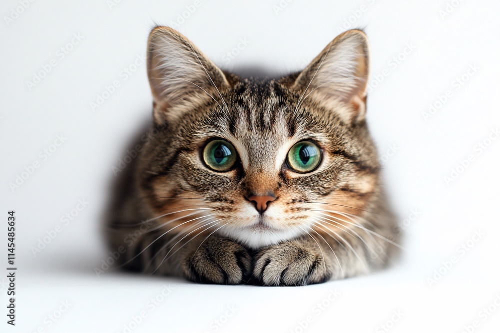 Obraz premium Adorable tabby cat with bright green eyes, lying down and looking directly at the camera on a white background.