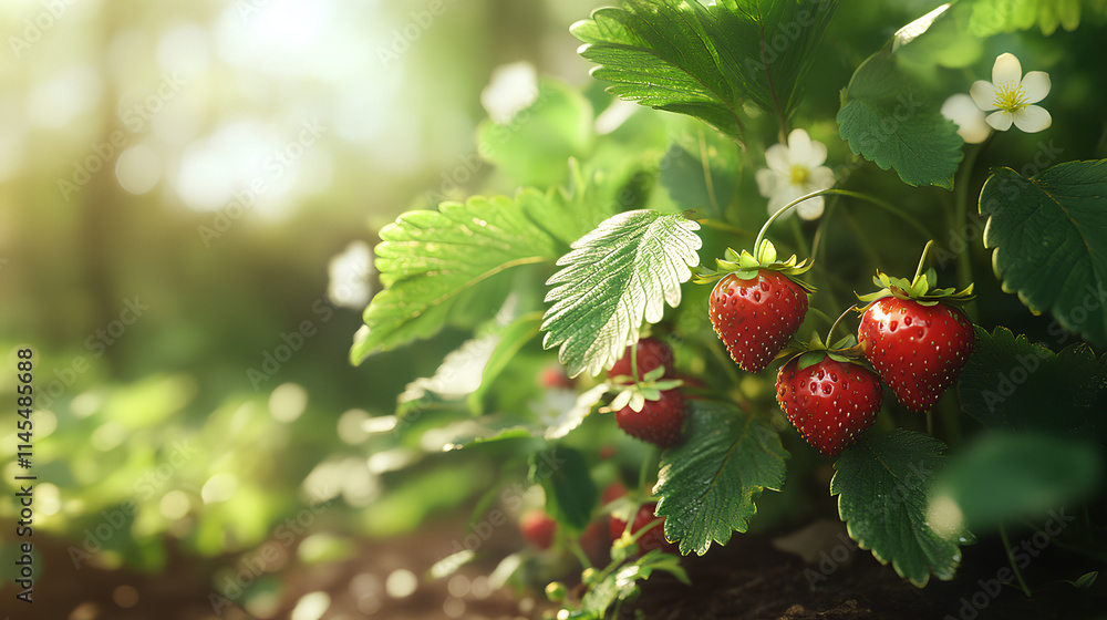 Strawberry Bush with Ripe Red Berries and Lush Green Leaves in Natural Garden
Strawberry Bush with Ripe Red Berries and Lush Green Leaves in Natural Garden