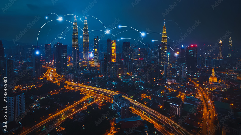 Fototapeta premium smart, digital, city, connection, network, innovation, reciprocity, cityscape, concept, Smart digital Innovation city with connection network reciprocity over the cityscape. of future smart wireless c