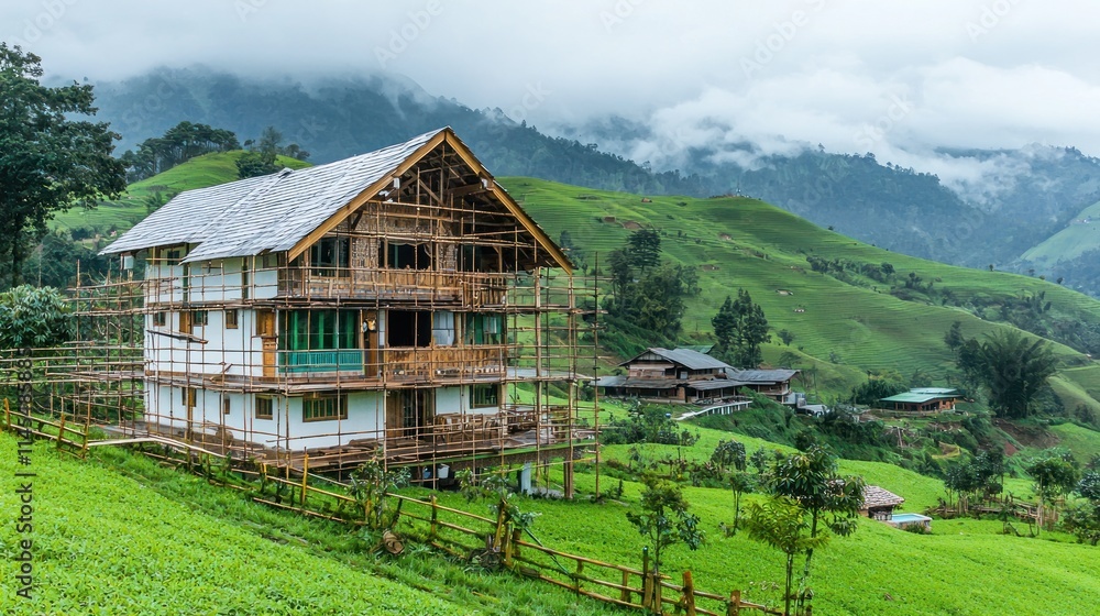 A scenic view of a partially constructed house surrounded by lush green hills and mist. A scenic view of a partially constructed house surrounded by lush green hills and mist.