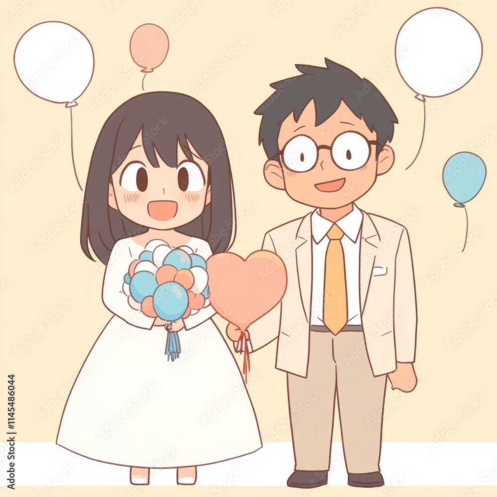 Happy Couple Wedding Day Celebration with Balloons Happy Couple Wedding Day Celebration with Balloons