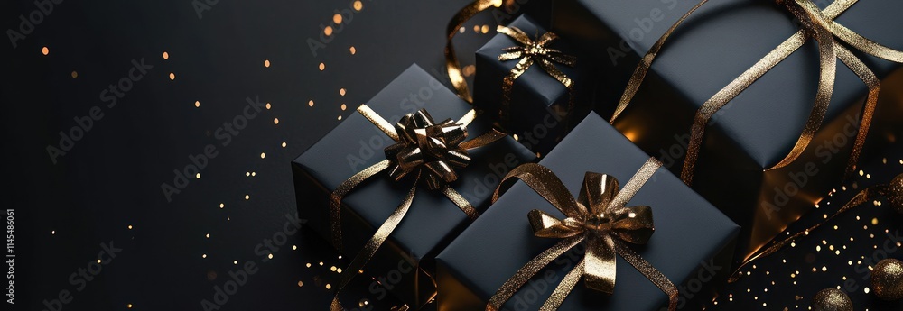 Elegant black gift boxes with gold ribbons on a dark background, perfect for celebrations. Elegant black gift boxes with gold ribbons on a dark background, perfect for celebrations.