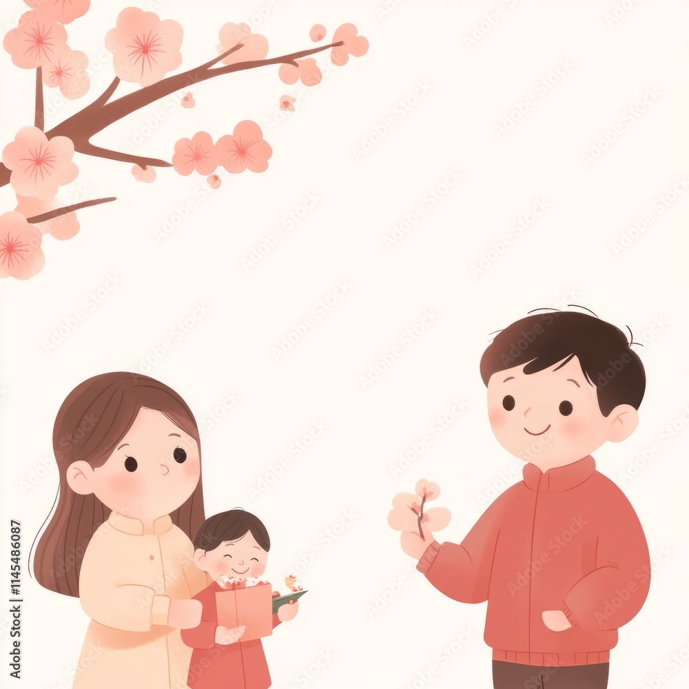 Happy Family Celebrating Spring Blossom Festival Happy Family Celebrating Spring Blossom Festival
