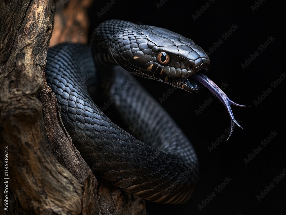 Fototapeta premium A close-up of a black snake with a forked tongue, coiled on a textured surface.