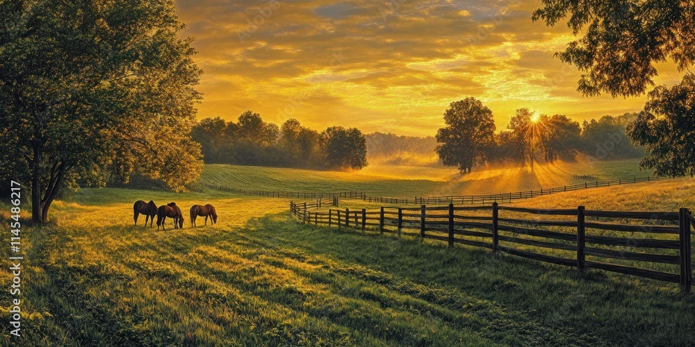 Fototapeta premium A serene landscape at sunrise with horses grazing in a lush field and a wooden fence.