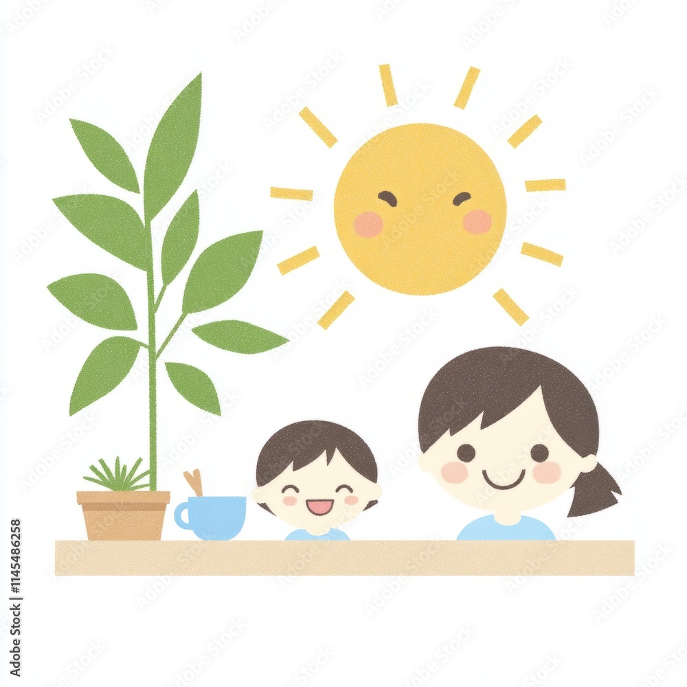Happy Family Enjoying Sunny Day at Home with Plant Happy Family Enjoying Sunny Day at Home with Plant