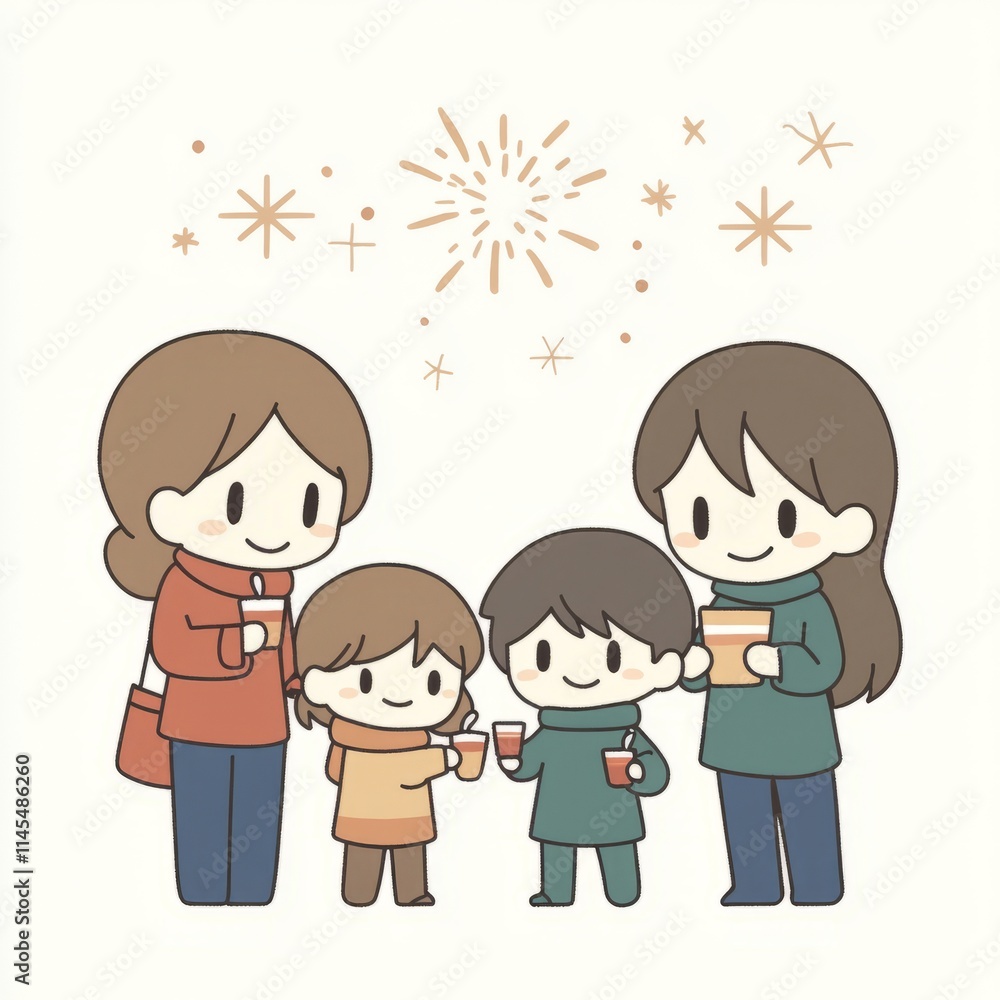 Happy Family Enjoying Warm Drinks Under Fireworks Happy Family Enjoying Warm Drinks Under Fireworks