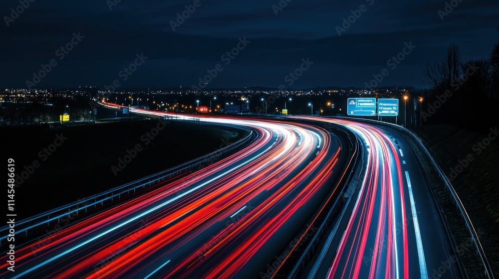 Nighttime highway with light trails from moving vehicles and illuminated signs. Nighttime highway with light trails from moving vehicles and illuminated signs.